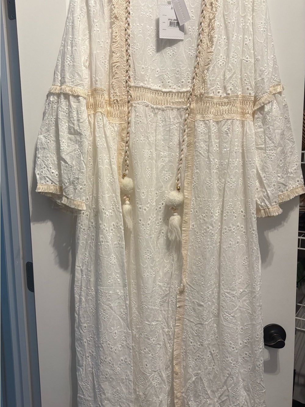 Boho Embroidered White Maxi Dress with Tassel Tie